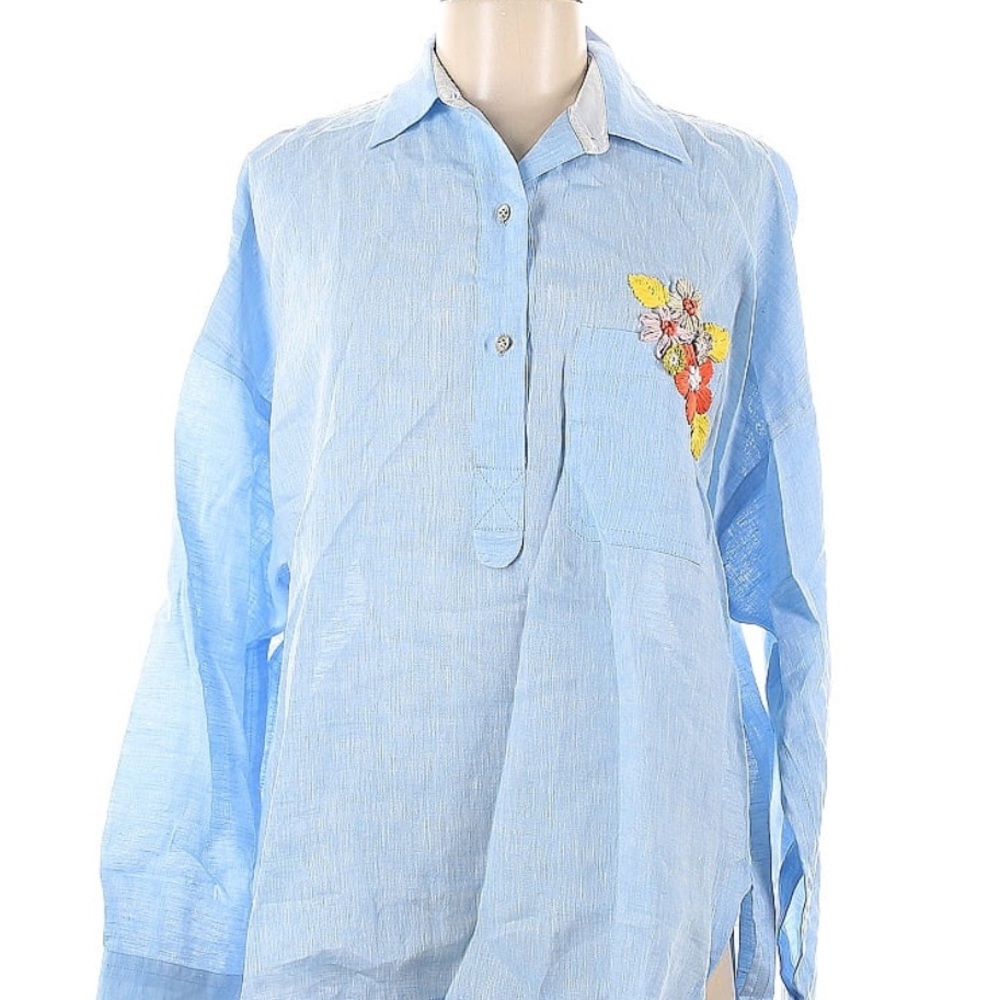 Blue Oversized Polo Collar Blouse